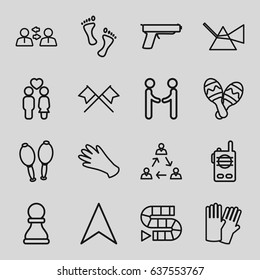 set of 16 two outline icons such as glove, gloves, navigation arrow, couple, maracas, maraca, foot, walkie talkie, gun, chess pawn, intersection, crossed flags