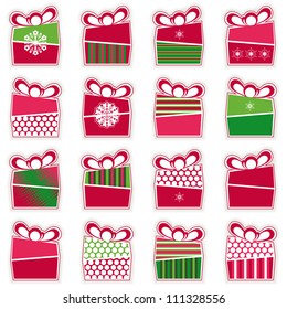 Set of 16 types of Christmas present boxes organized as seamless pattern