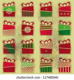 Set of 16 types of Christmas present boxes organized as seamless pattern over grunge background. Eps10