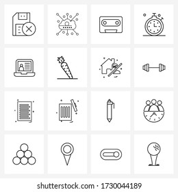 Set of 16 UI Icons and symbols for communication; time; audio; stopwatch; fitness Vector Illustration