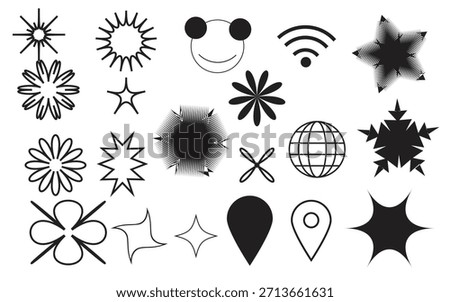 A set of 16 unique black and white icons featuring abstract shapes, stars, and symbols on a plain white background.