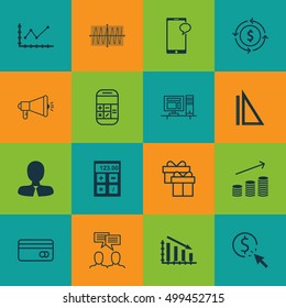 Set Of 16 Universal Editable Icons For Human Resources, Airport And Education Topics. Includes Icons Such As Measurement, Coins Growth, Cosinus Diagram And More
