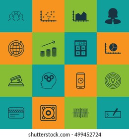 Set Of 16 Universal Editable Icons For Project Management, Business Management And Education Topics. Includes Icons Such As Credit Card, Sequence Graphics, Call Duration And More.