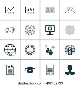Set Of 16 Universal Editable Icons For Education, Project Management And Advertising Topics. Includes Icons Such As Female Application, SEO Brainstorm, Graduation And More.