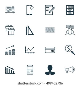 Set Of 16 Universal Editable Icons For Human Resources, Advertising And Marketing Topics. Includes Icons Such As Coins Growth, Changes Graph, Calculation And More.