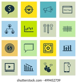 Set Of 16 Universal Editable Icons For Statistics, Marketing And Advertising Topics. Includes Icons Such As Tree Structure, Website, Fail Graph And More.