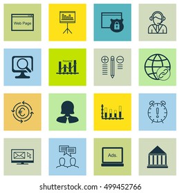 Set Of 16 Universal Editable Icons For Human Resources, Airport And Advertising Topics. Includes Icons Such As Operator, Business Woman, Discussion And More.