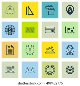 Set Of 16 Universal Editable Icons For Statistics, Airport And Education Topics. Includes Icons Such As Cooperation, Business Goal, Present And More.