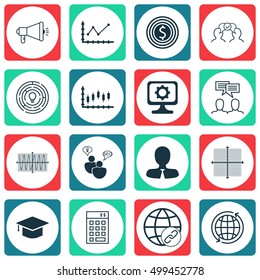 Set Of 16 Universal Editable Icons For Project Management, Airport And SEO Topics. Includes Icons Such As Investment, Graphical Grid, Stock Market And More.