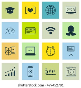 Set Of 16 Universal Editable Icons For Airport, Education And Marketing Topics. Includes Icons Such As Successful Investment, Bank Card, World And More.