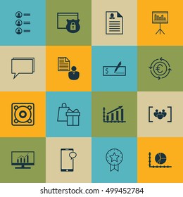 Set Of 16 Universal Editable Icons For Airport, Travel And Marketing Topics. Includes Icons Such As Female Application, Presentation, Bank Payment And More.