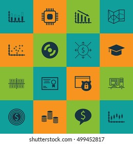 Set Of 16 Universal Editable Icons For Education, Airport And Human Resources Topics. Includes Icons Such As Stock Market, Fail Graph, Road Map And More.