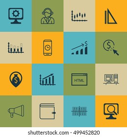 Set Of 16 Universal Editable Icons For Advertising, SEO And Project Management Topics. Includes Icons Such As Cosinus Diagram, Call Duration, Measurement And More.