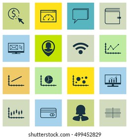Set Of 16 Universal Editable Icons For SEO, Human Resources And Computer Hardware Topics. Includes Icons Such As Newsletter, Business Woman, Pin Employee And More.