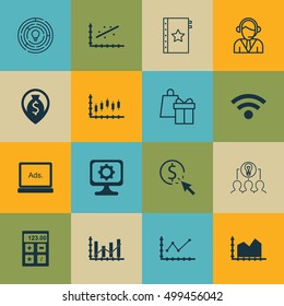 Set Of 16 Universal Editable Icons For SEO, Human Resources And Advertising Topics. Includes Icons Such As Shopping, Analytics, Operator And More.