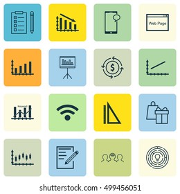 Set Of 16 Universal Editable Icons For Advertising, Computer Hardware And Airport Topics. Includes Icons Such As Coaching, Dynamics, Fail Graph And More.