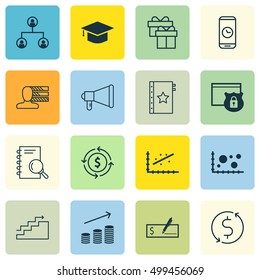 Set Of 16 Universal Editable Icons For Travel, Education And Project Management Topics. Includes Icons Such As Graduation, Warranty, Money Trasnfer And More.