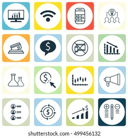 Set Of 16 Universal Editable Icons For Statistics, Education And Travel Topics. Includes Icons Such As Job Applicants, Forbidden Mobile, Successful Investment And More.