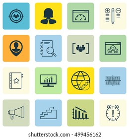 Set Of 16 Universal Editable Icons For Human Resources, Project Management And Marketing Topics. Includes Icons Such As Employee Location, Connectivity, Fail Graph And More.