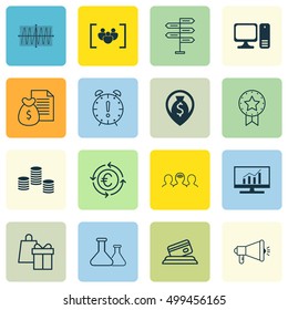 Set Of 16 Universal Editable Icons For Advertising, Human Resources And Business Management Topics. Includes Icons Such As Desktop Computer, Coaching, Shopping And More.