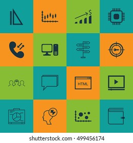 Set Of 16 Universal Editable Icons For Business Management, Project Management And Advertising Topics. Includes Icons Such As Human Mind, Chip, Comparsion And More.