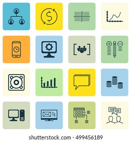 Set Of 16 Universal Editable Icons For Project Management, Human Resources And Computer Hardware Topics. Includes Icons Such As Newsletter, Square Diagram, Schedule And More.