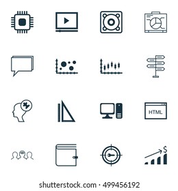 Set Of 16 Universal Editable Icons For Project Management, SEO And Statistics Topics. Includes Icons Such As Video Player, Keyword Marketing, Stock Market And More.