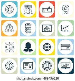 Set Of 16 Universal Editable Icons For Business Management, Human Resources And Education Topics. Includes Icons Such As Analytics, Bank Payment, Money Recycle And More.