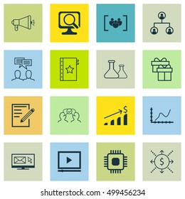 Set Of 16 Universal Editable Icons For Project Management, Education And Business Management Topics. Includes Icons Such As Cooperation, Paper, Successful Investment And More.
