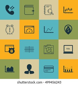 Set Of 16 Universal Editable Icons For Advertising, Project Management And Human Resources Topics. Includes Icons Such As Bank Card, Stock Market, Time Management And More.