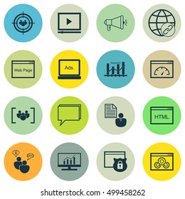 Set Of 16 Universal Editable Icons For Marketing, Advertising And SEO Topics. Includes Icons Such As Digital Media, Focus Group, Coding And More.