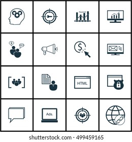 Set Of 16 Universal Editable Icons For Marketing, Advertising And SEO Topics. Includes Icons Such As Digital Media, Security, Connectivity And More.