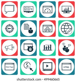 Set Of 16 Universal Editable Icons For SEO, Advertising And Marketing Topics. Includes Icons Such As Security, Connectivity, Newsletter And More.