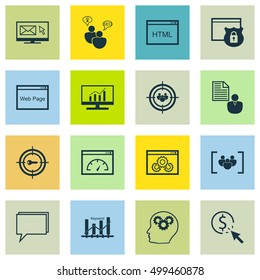 Set Of 16 Universal Editable Icons For SEO, Marketing And Advertising Topics. Includes Icons Such As PPC, Questionnaire, Loading Speed And More.