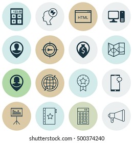 Set Of 16 Universal Editable Icons For Marketing, Project Management And Education Topics. Includes Icons Such As Investment, Desktop Computer, Employee Location And More.