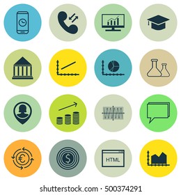Set Of 16 Universal Editable Icons For Airport, Travel And Human Resources Topics. Includes Icons Such As Currency Recycle, Line Up, Market Research And More.