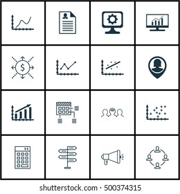 Set Of 16 Universal Editable Icons For Business Management, Human Resources And SEO Topics. Includes Icons Such As Coaching, Plot Diagram, Investment And More.