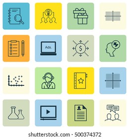 Set Of 16 Universal Editable Icons For Education, Business Management And SEO Topics. Includes Icons Such As Square Diagram, Video Player, Human Mind And More.