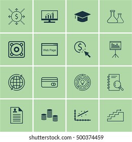 Set Of 16 Universal Editable Icons For SEO, Statistics And Marketing Topics. Includes Icons Such As World, Curriculum Vitae, PPC And More.