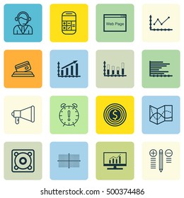 Set Of 16 Universal Editable Icons For Human Resources, Advertising And Airport Topics. Includes Icons Such As Operator, Profit Graph, Music And More.