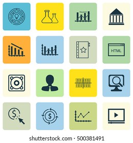 Set Of 16 Universal Editable Icons For Human Resources, SEO And Marketing Topics. Includes Icons Such As Cosinus Diagram, Music, Raise Diagram And More.