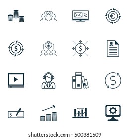 Set Of 16 Universal Editable Icons For Human Resources, Project Management And SEO Topics. Includes Icons Such As Cooperation, Money Trasnfer, Video Player And More.