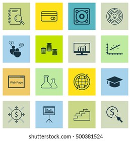 Set Of 16 Universal Editable Icons For Marketing, SEO And Computer Hardware Topics. Includes Icons Such As World, Music, SEO Brainstorm And More.