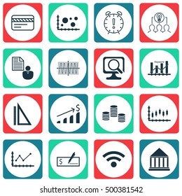 Set Of 16 Universal Editable Icons For Human Resources, SEO And Statistics Topics. Includes Icons Such As Time Management, Changes Graph, Laptop And More.