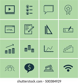 Set Of 16 Universal Editable Icons For Business Management, Project Management And Computer Hardware Topics. Includes Icons Such As Job Applicants, Conference, Coins Growth And More.