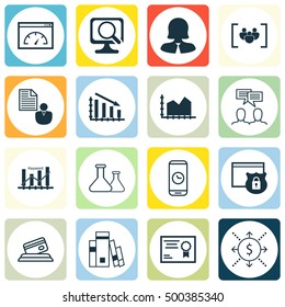 Set Of 16 Universal Editable Icons For SEO, Statistics And Project Management Topics. Includes Icons Such As Keyword Optimisation, Business Woman, Call Duration And More.