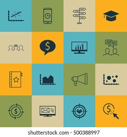 Set Of 16 Universal Editable Icons For Project Management, Airport And SEO Topics. Includes Icons Such As Graduation, Announcement, Call Duration And More.