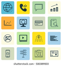 Set Of 16 Universal Editable Icons For Marketing, Business Management And Travel Topics. Includes Icons Such As Forbidden Mobile, Laptop, Bars Chart And More.
