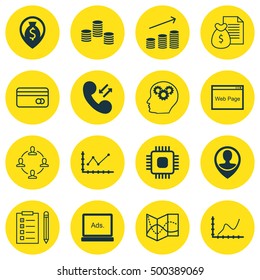 Set Of 16 Universal Editable Icons For Airport, Advertising And SEO Topics. Includes Icons Such As Coins Growth, Cellular Data, Brain Process And More.