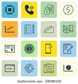 Set Of 16 Universal Editable Icons For Project Management, Human Resources And Marketing Topics. Includes Icons Such As Messaging, Currency Recycle, Certificate And More.